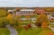 Fall drone image of Shenandoah University's main campus, with the Pruitt Health & Life Sciences Building prominently featured